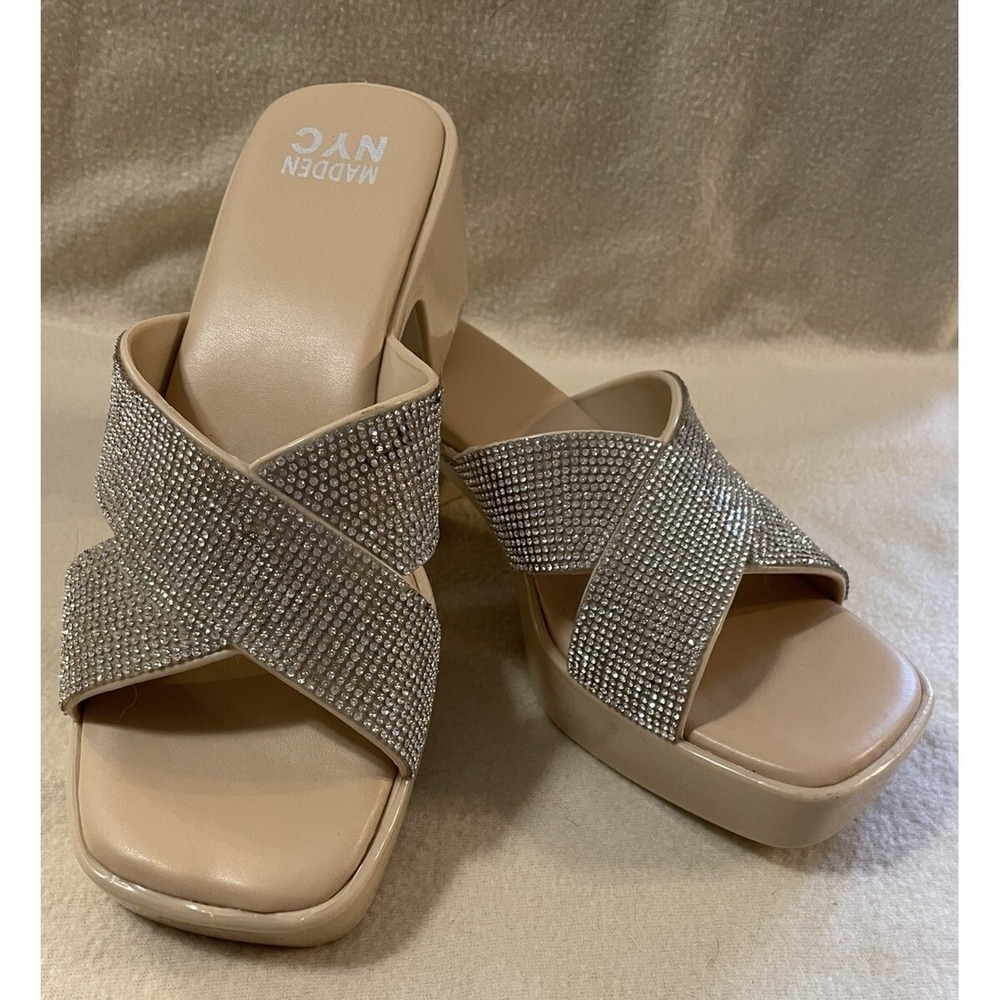 Madden NYC Women's Bling Square Low-Heeled Rhinestones Sandals Vegan SIZE 9